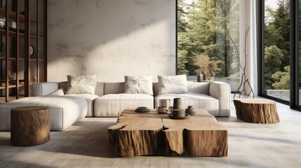 Livingroom, edge tree stump accent coffee table with big couch in room, Minimalist home interior design of modern living room in house, Generative AI