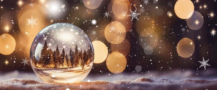 Anamorphic Video Glowing Crystal Ball on Sparkling Background. Beautiful 3d Cartoon Animation. Animated Greeting Card New Years Eve.