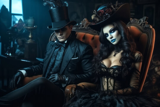Portrait of a couple with skull makeup faces and costumes in a dark room. Halloween party and Day of the Dead concept.