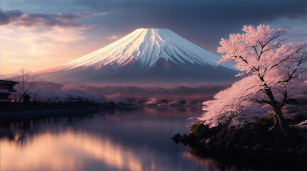 Fototapeta na wymiar Landscape of magic-hour Mount Fuji and Sakura.