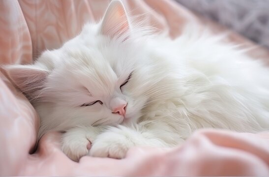cute fluffy white cat sleep on the bed