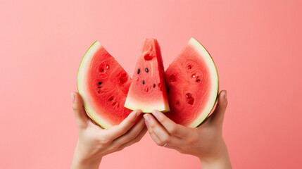 Female hands with slices of ripe watermelon on pastel background