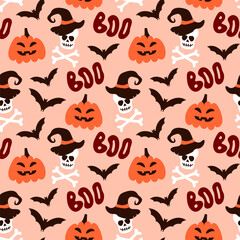 Vector seamless pattern for Halloween. Pumpkins, bats, skulls in doodle style. Bright cartoon background for Halloween.