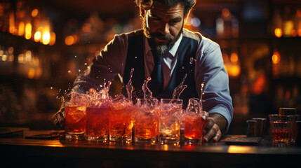 Bartender making red cocktail at the bar counter in a nightclub.