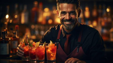 Handsome barman is making cocktails and smiling while working in bar.