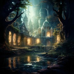 Fototapeta premium Fantasy castle in magic forest. Generative AI technology.