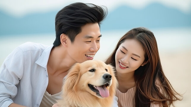 Face, dog and love with a Asian couple on the beach during summer walking their pet for fun or recreation together. Portrait, happy and smile with a man, woman and pet golden retriever outdoor
