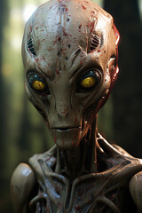 alien looking at the camera from the woods, generative ai