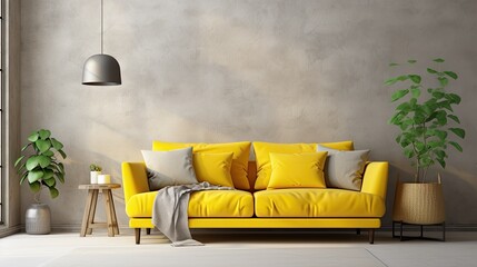 Modern minimalist living room with yellow walls and a sofa.