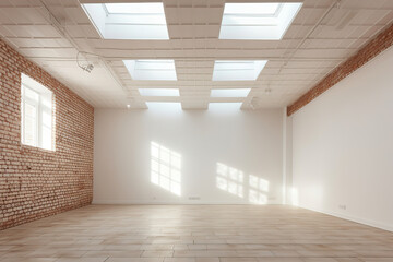 an empty room with a brick ceiling and white walls, generative ai 