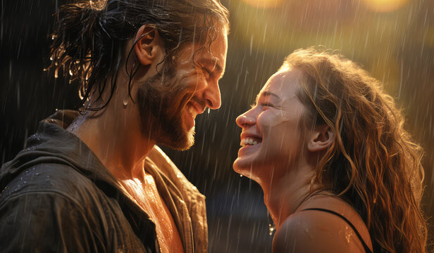 young couple smiling laughing in the rain 