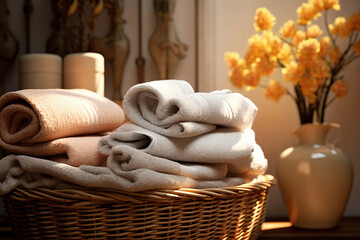 Fototapeta premium basket of towels in laundry room, generative ai 
