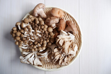 Autumn harvest concept. Various mushrooms in a basket.
Various types of mushrooms. Autumnal natural...