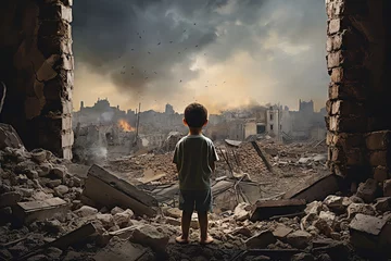 Fotobehang child looks at rubble in an old ruins and watches toppling buildings, generative ai  © vvalentine
