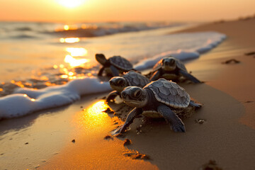 Baby turtles crawl out to sea