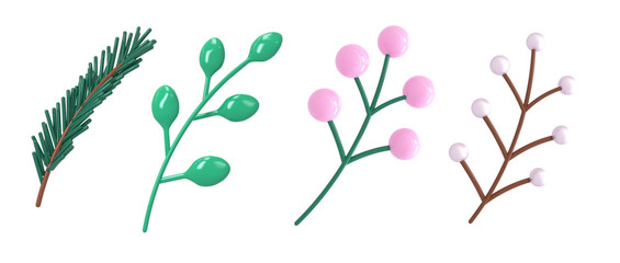 Collection of New Year icons  with natural branches of a Christmas tree, a branch of holly berries. Concept traditional winte, a symbol of the unique beauty of the new year. 3d render