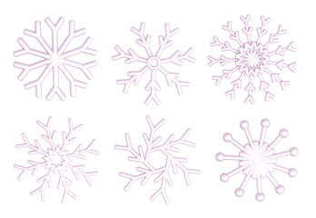 Set of Christmas icons of  snowflakes. The concept is a traditional holiday decoration, a sign of winter, a symbol of the unique beauty of the new year. 3d render illustration.