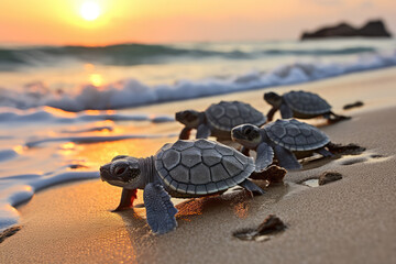 Baby turtles crawl out to sea - obrazy, fototapety, plakaty