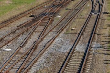 Fototapeta premium Railway tracks with switches. Railway insecurity concept, railway track repair.
