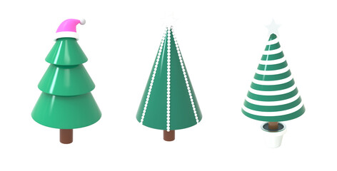 Collection of Happy New Year and Merry Christmas  trees with  toys. A set of Christmas icons. 3d render illustration.