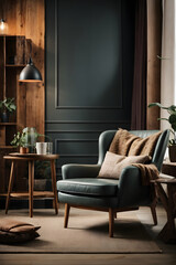 Wing chair near rustic wooden coffee table. Interior design of scandinavian living room with frames. Image created using artificial intelligence.