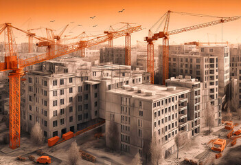 Naklejka premium Image of a Town with Cranes and Buildings - Urban Development