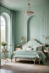 French country style interior design of modern bedroom with light blue color wall. Image created using artificial intelligence.