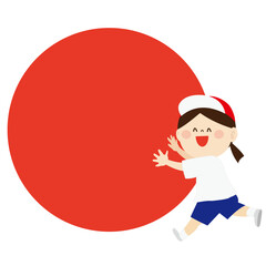 玉転がしをする赤組のかわいい女の子のイラスト