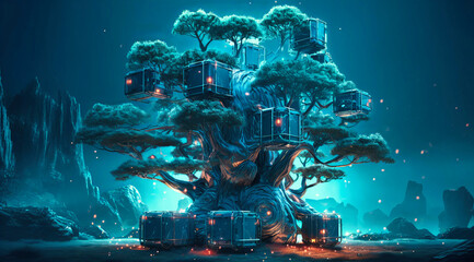 Fantasy Tree House with Blue Sky and Staircase