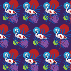 Pattern with flamingos, palm leaves, monstera, multicolored circles, tropical theme