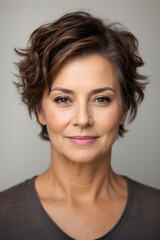 Beautiful gorgeous 30 mid aged mature woman with brown short hair looking at camera isolated on white. Image created using artificial intelligence.