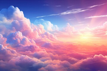 light blue pastel sky with dreamy pink clouds illustration. Dreamy fantasy heaven concept