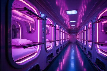 purple neon capsule hotel in airport or futuristic train or hostel interior