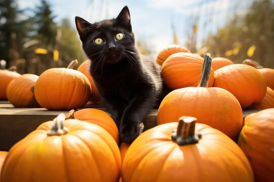 curious black cat on orange pumpkins Halloween card