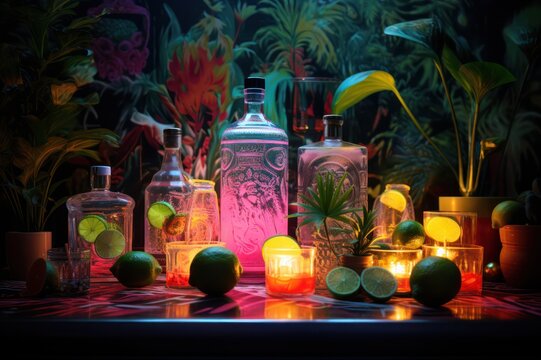 mezcal bottles at bar with lime neon light. Mexican bar poster.