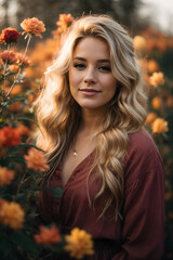 Naklejka premium Beautiful gorgeous 20 aged woman with blonde long hair in a flower garden during late autumn sunset. Image created using artificial intelligence.