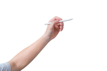 Hand holding white stylus pen isolated on white background.