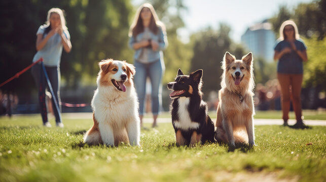 Group Of Dogs With Owners At Obedience Class