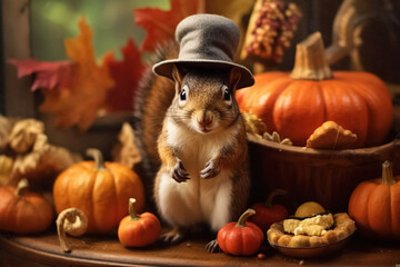 squirrel with harvest, happy thanksgiving. Generative Ai