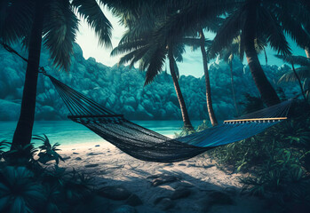 Tropical Paradise: Hammock Among Palm Trees - obrazy, fototapety, plakaty