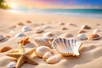 Fototapeta na wymiar Various shells on the beach sand