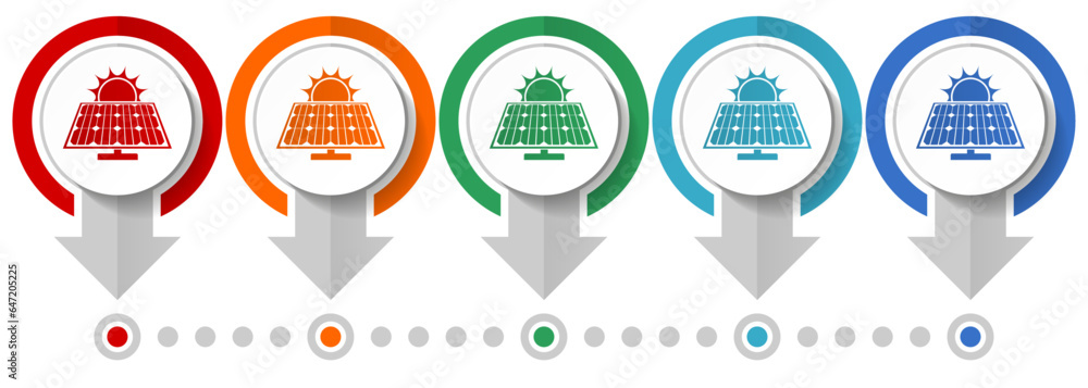 Poster Sun over solar panel vector icon set, flat design infographic template, set pointer concept icons in 5 color options for webdesign and mobile applications