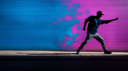 Silhouette of a hip - hop dancer in a dynamic pose, contrasted against a neon blue and purple...