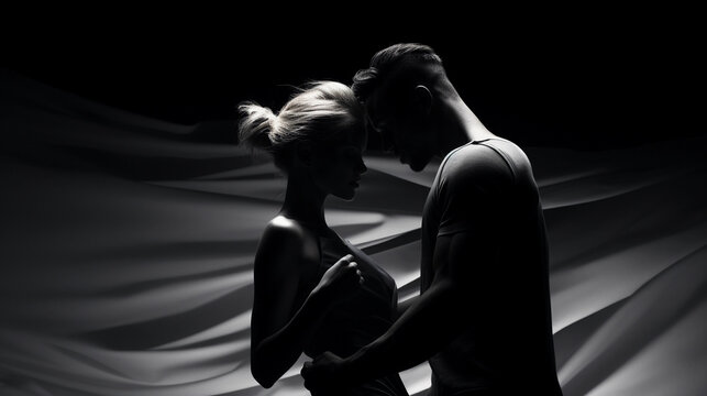 Contemporary dance, male and female dancer intertwined in an abstract form, black and white, focus on form and shadows