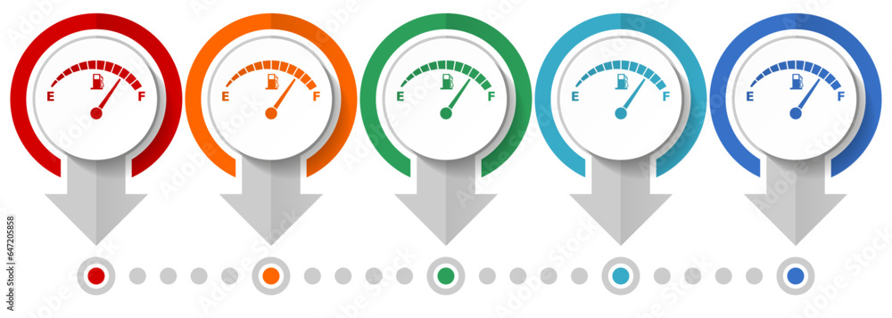 Fototapete fuel gauge, car petrol dashboard vector icon set, flat design infographic template, set pointer conc