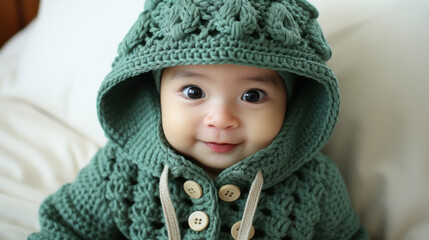Baby dressed in warm winter clothing.
