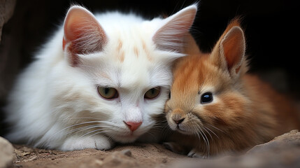 A rabbit and a cat, unlikely animal friends. - obrazy, fototapety, plakaty