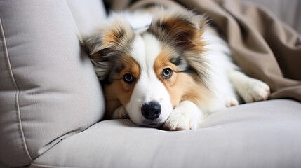 Australian Shepherd dog lying on the couch, looking at the camera.