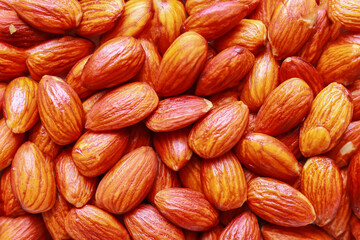 Close up of almonds, Background of big raw peeled almonds, Peeled almonds closeup background