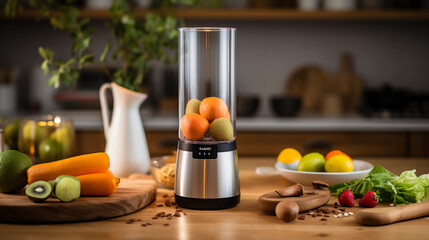 Sustainable tumbler on a kitchen countertop, stainless steel interior visible, surrounded by various organic fruits and vegetables, warm, overhead kitchen lights